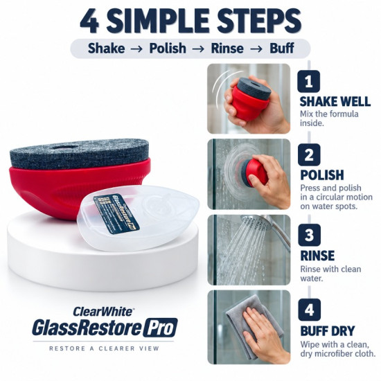 ClearWhite GlassRestore Pro Penghilang Kesan Air Cermin Bilik Air Shower Glass Watermark and Water Spot Remover ClearWhite GlassRestore Pro Penghilang Kesan Air Cermin Bilik Air Shower Glass Watermark and Water Spot Remover